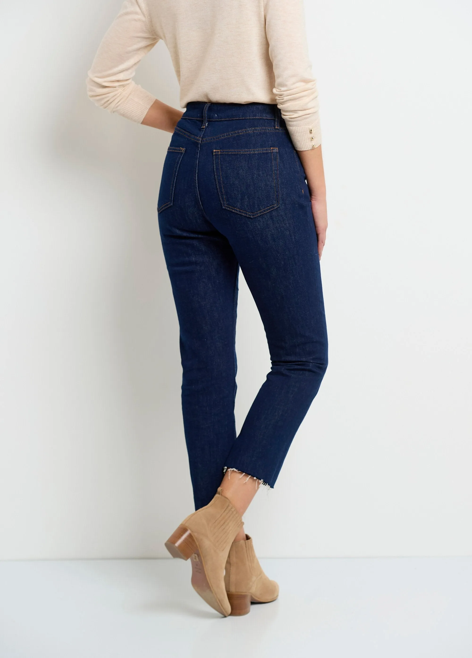 5-pocket jeans, 7/8 length, frayed hem