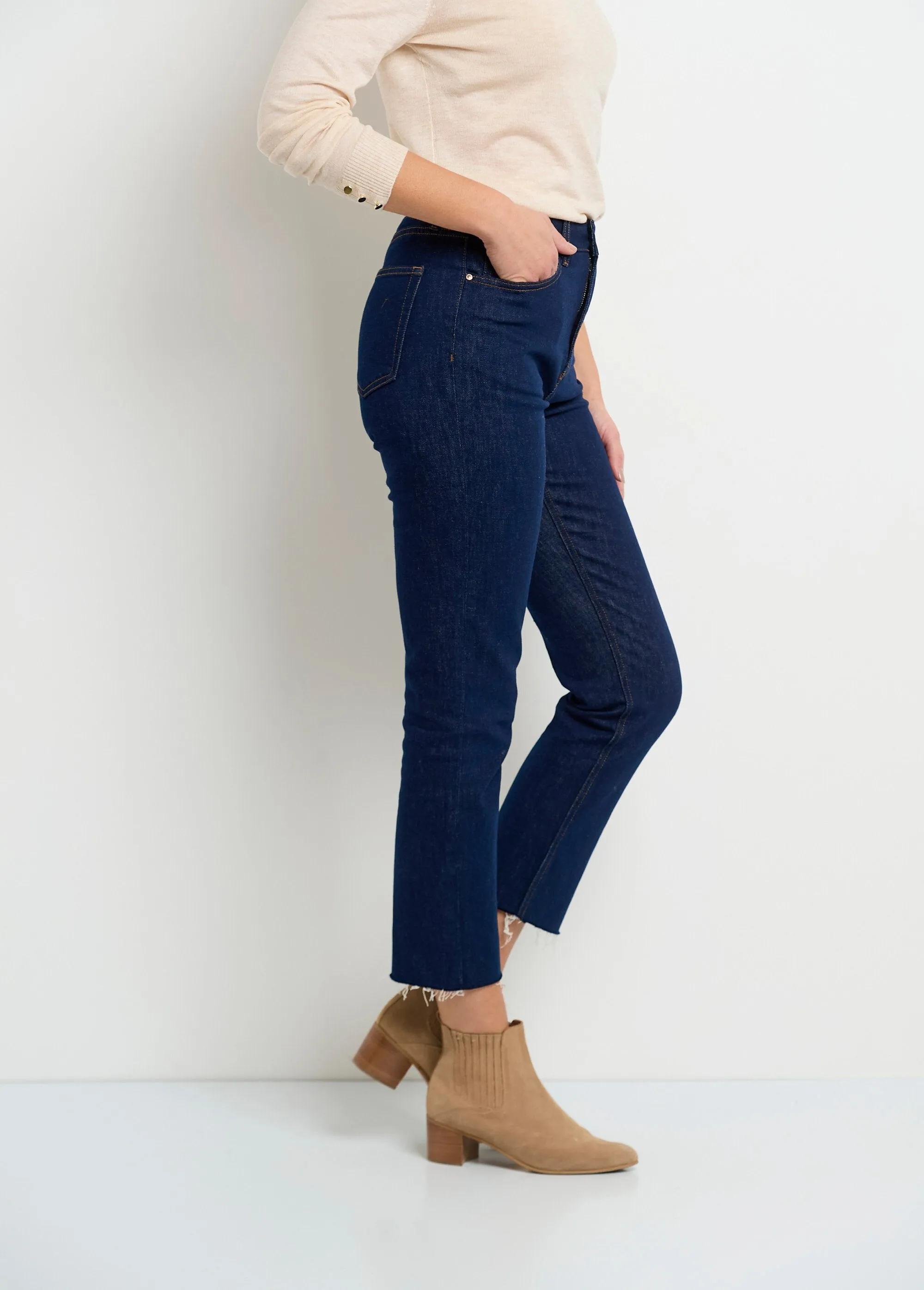 5-pocket jeans, 7/8 length, frayed hem