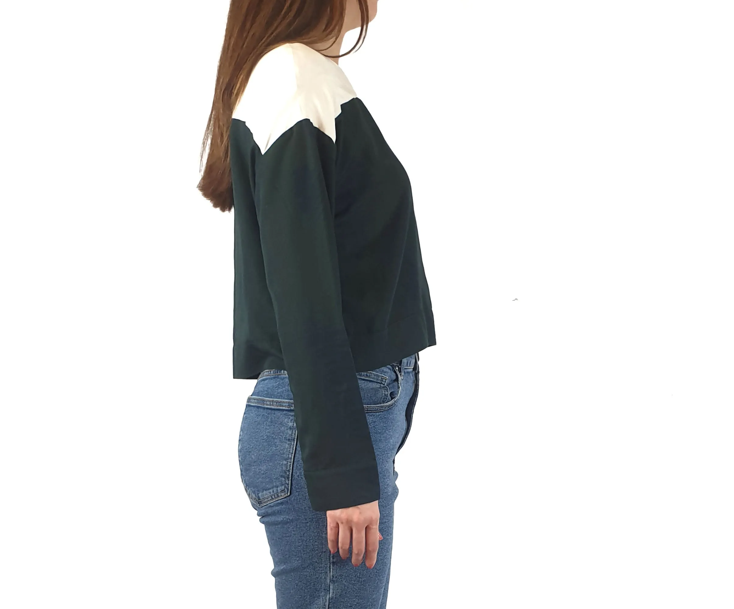Alpha 60 cropped long sleeve green print and cream top size S