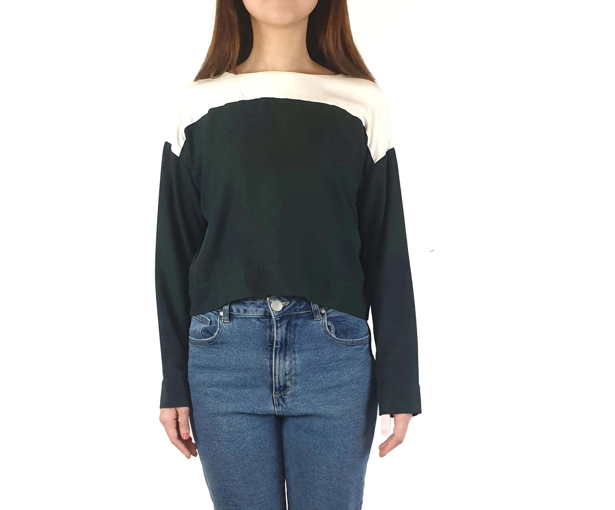 Alpha 60 cropped long sleeve green print and cream top size S