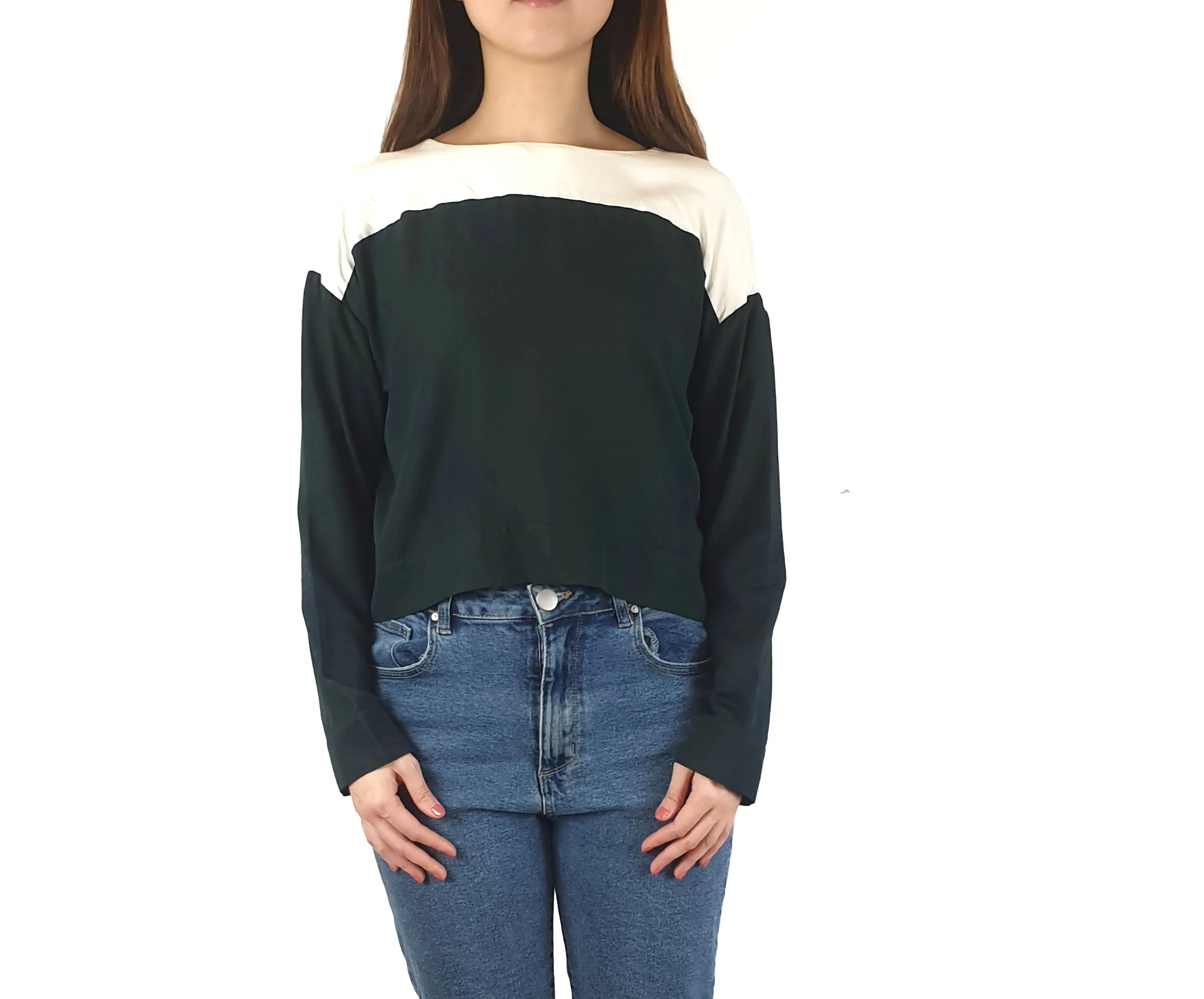 Alpha 60 cropped long sleeve green print and cream top size S