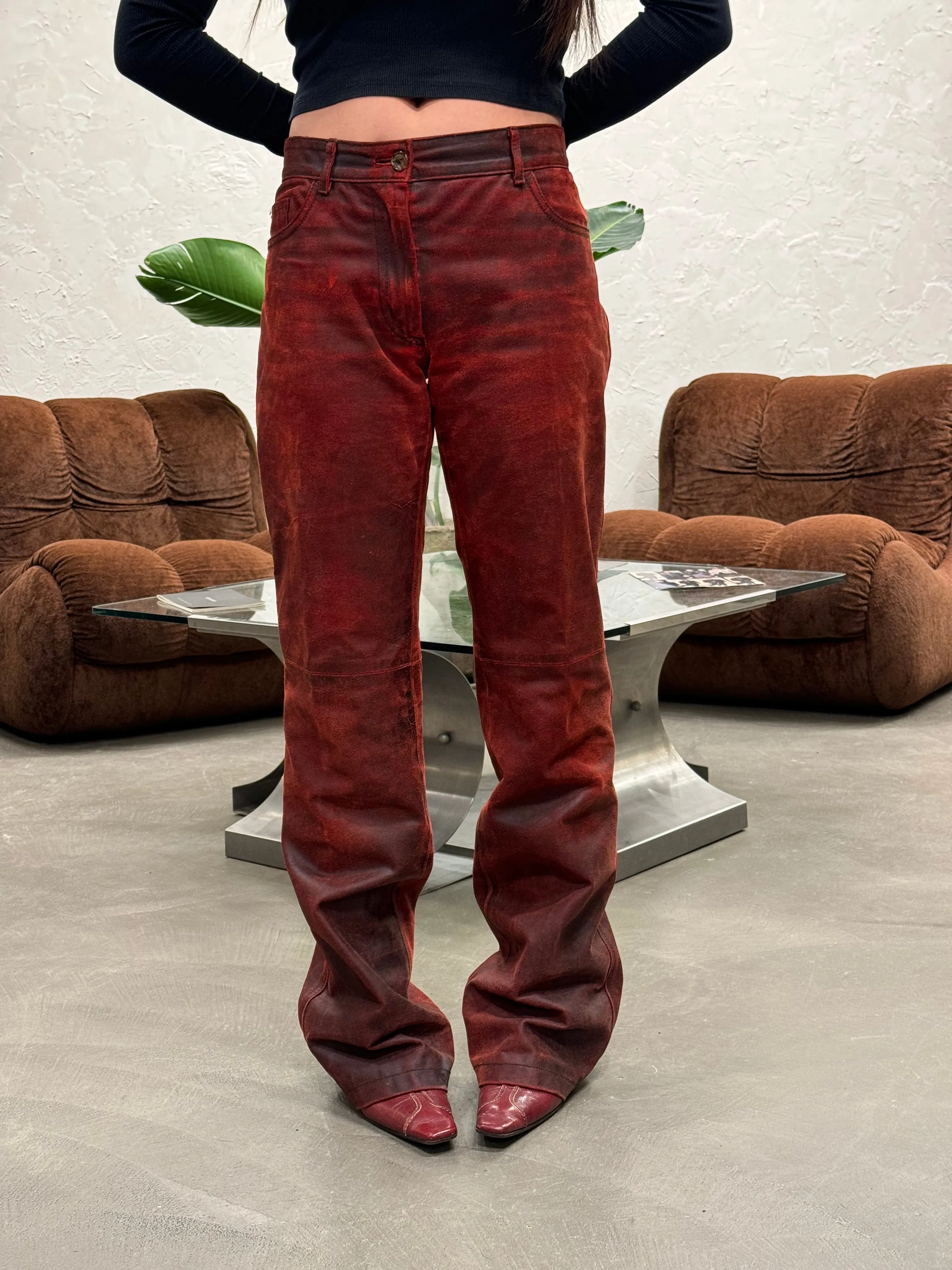 A/W2001 Ann Demeulemeester distressed painted red leather pants