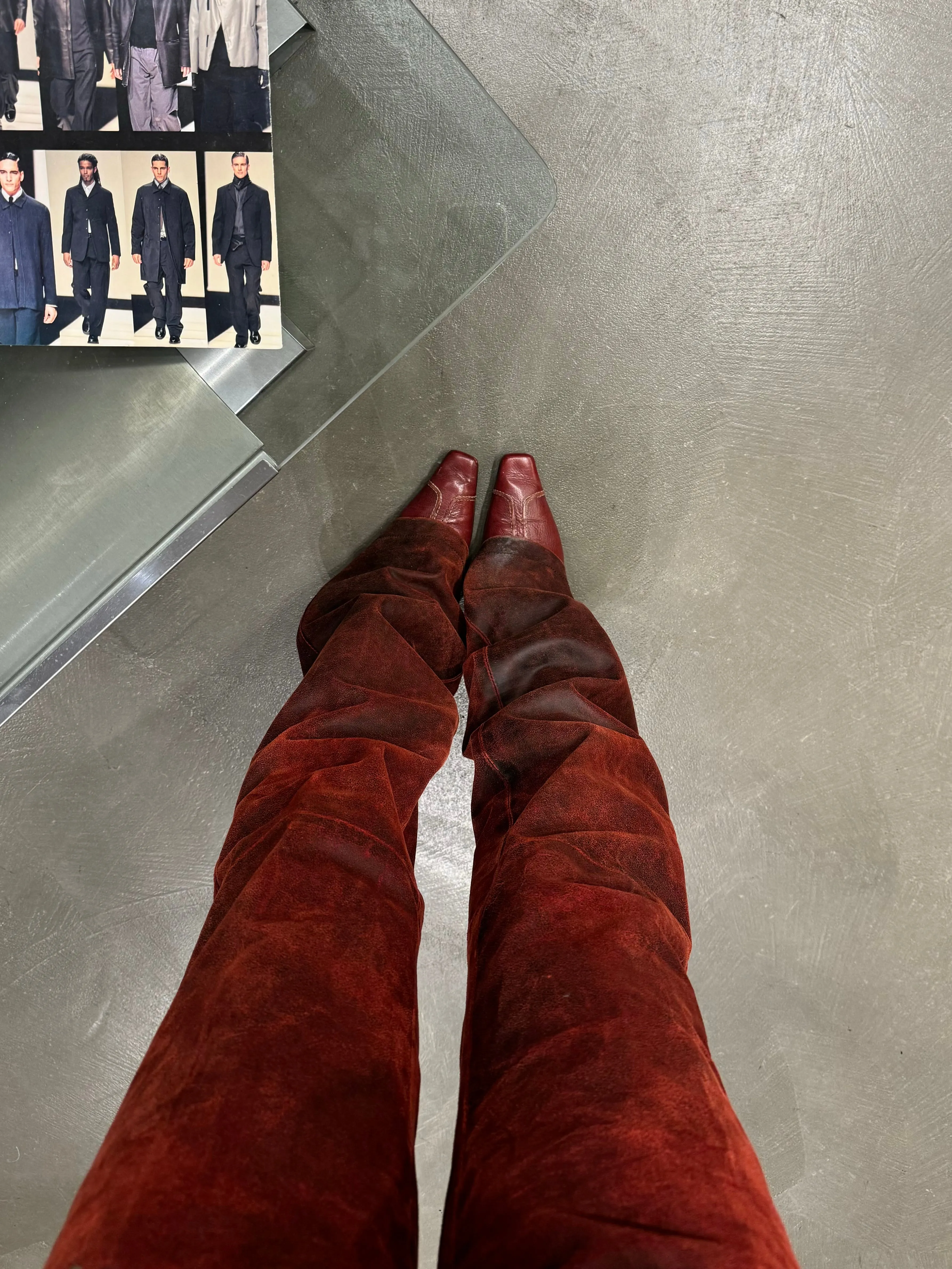 A/W2001 Ann Demeulemeester distressed painted red leather pants