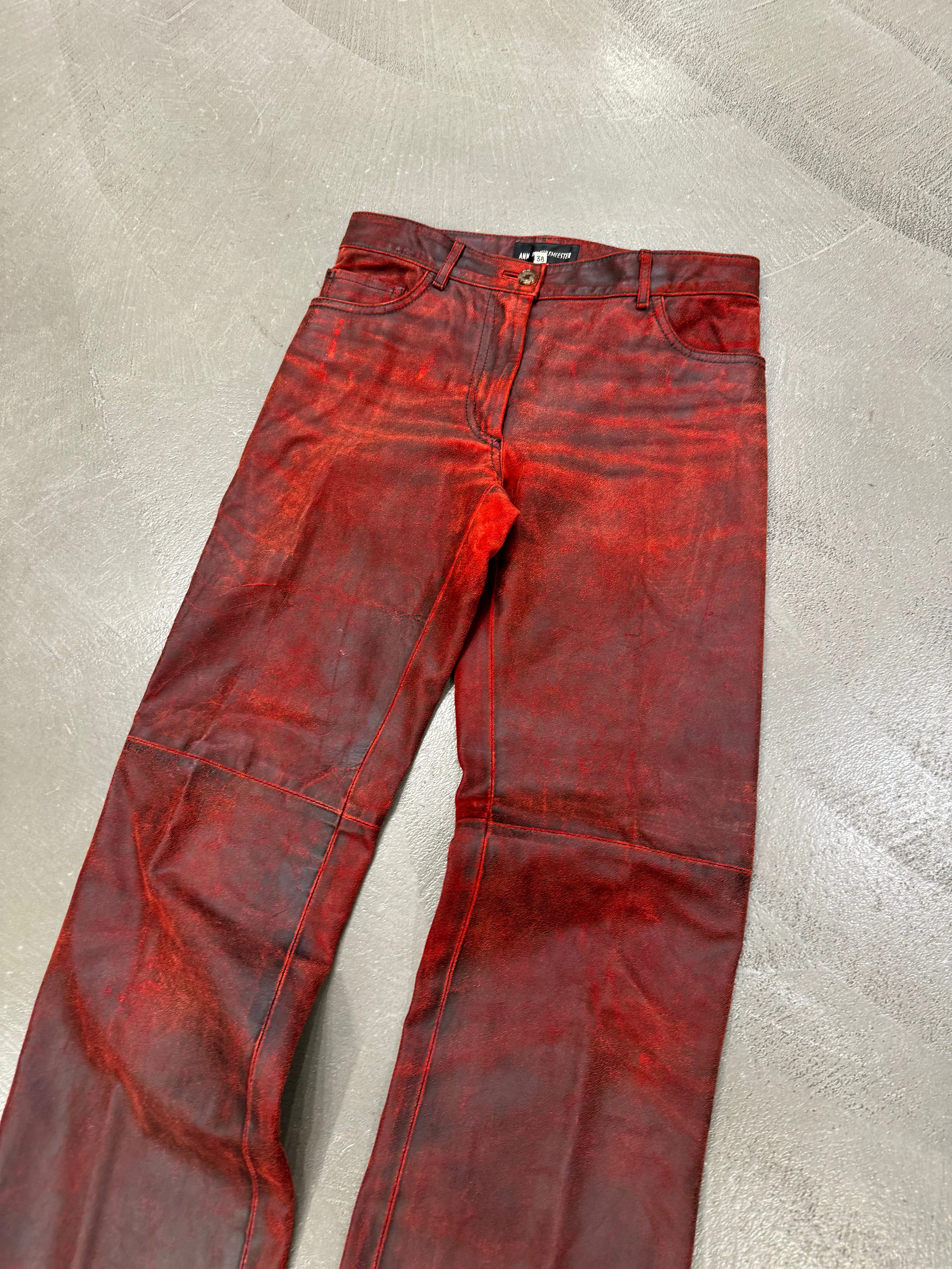 A/W2001 Ann Demeulemeester distressed painted red leather pants
