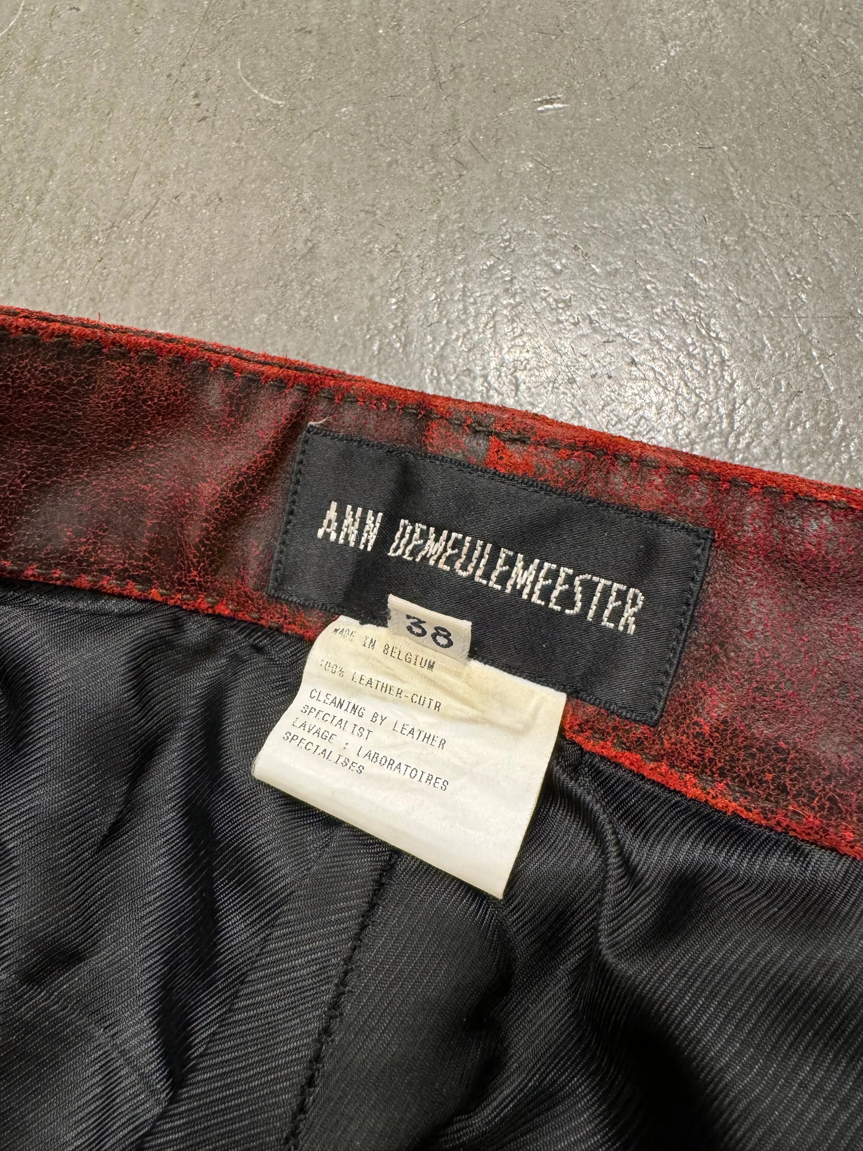 A/W2001 Ann Demeulemeester distressed painted red leather pants