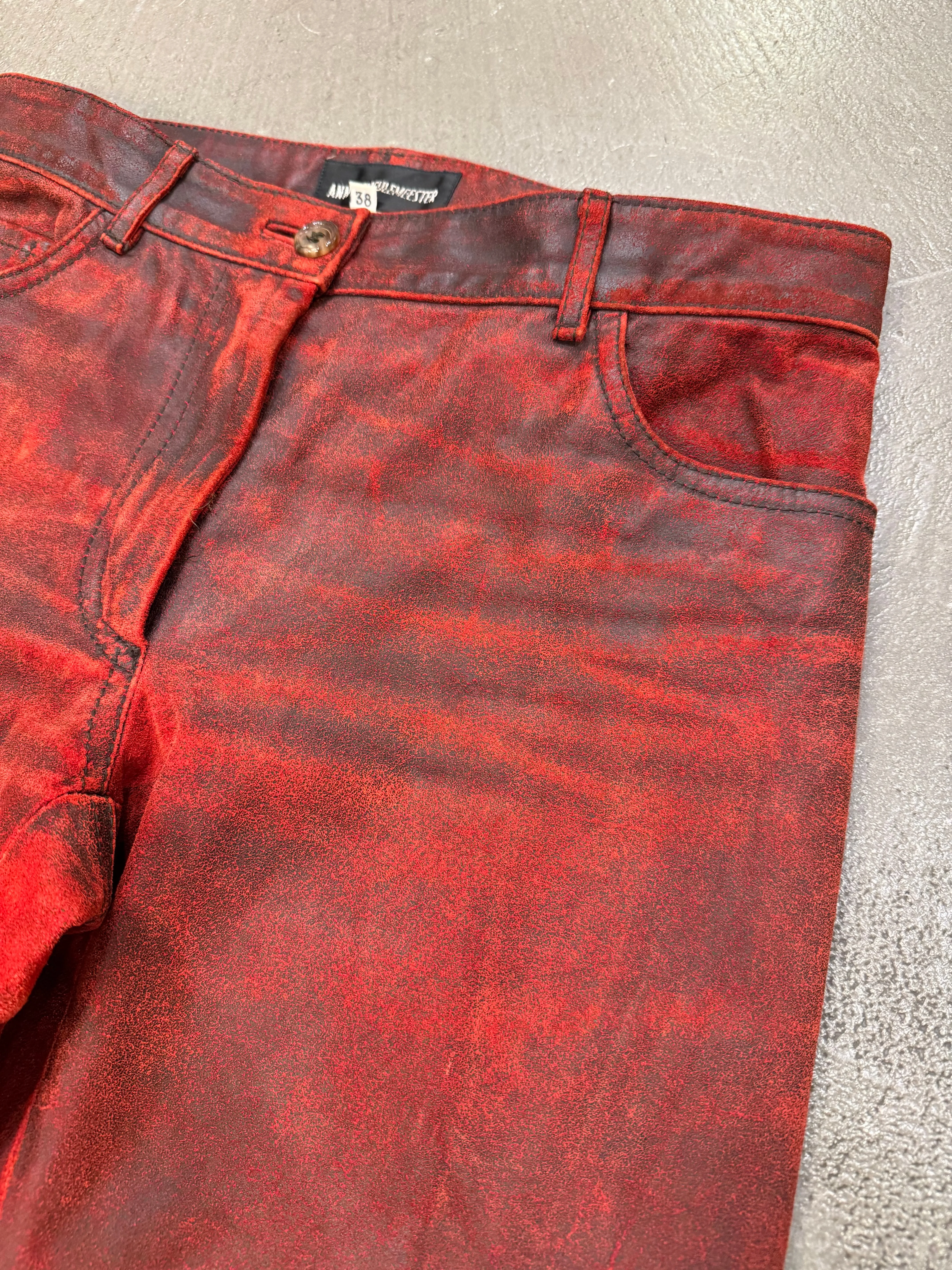 A/W2001 Ann Demeulemeester distressed painted red leather pants