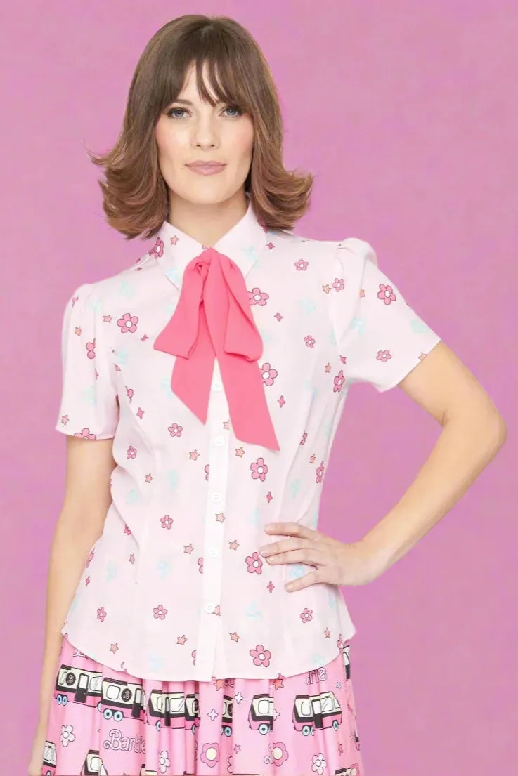Barbie X Unique Vintage 1970s Pink Barbie Floral Print Bow Blouse