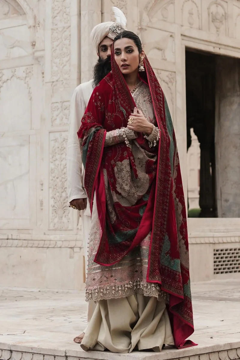 Beige Heavily Embellished Pakistani Salwar Kameez Suit Red Dupatta