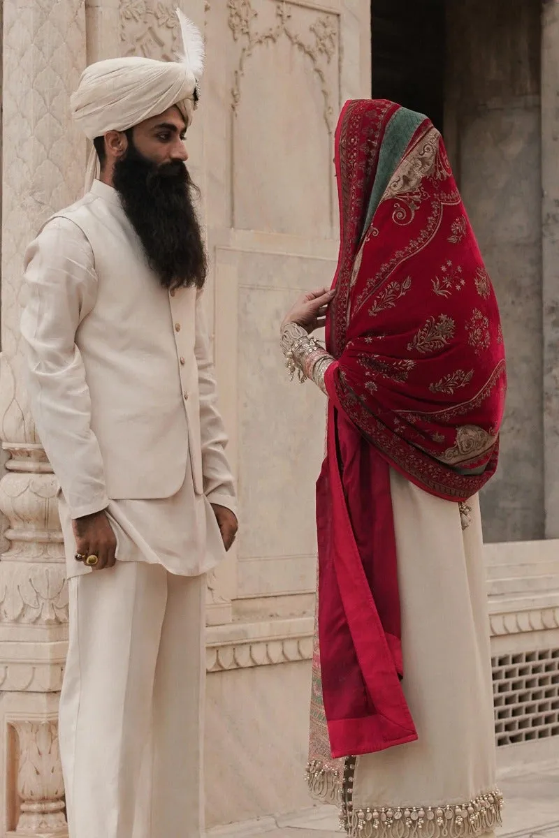Beige Heavily Embellished Pakistani Salwar Kameez Suit Red Dupatta