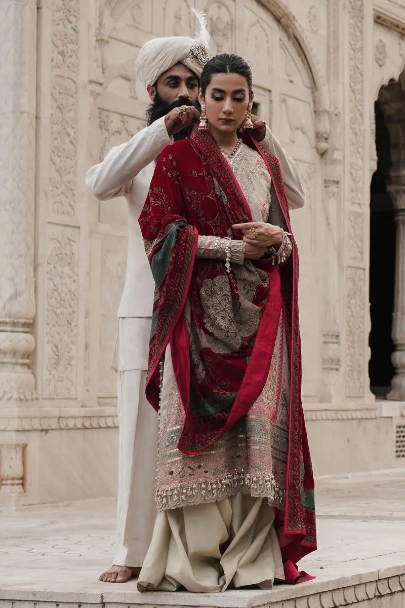 Beige Heavily Embellished Pakistani Salwar Kameez Suit Red Dupatta