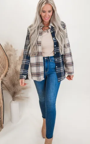 Beige/Navy Colorblock Plaid Button Down Top