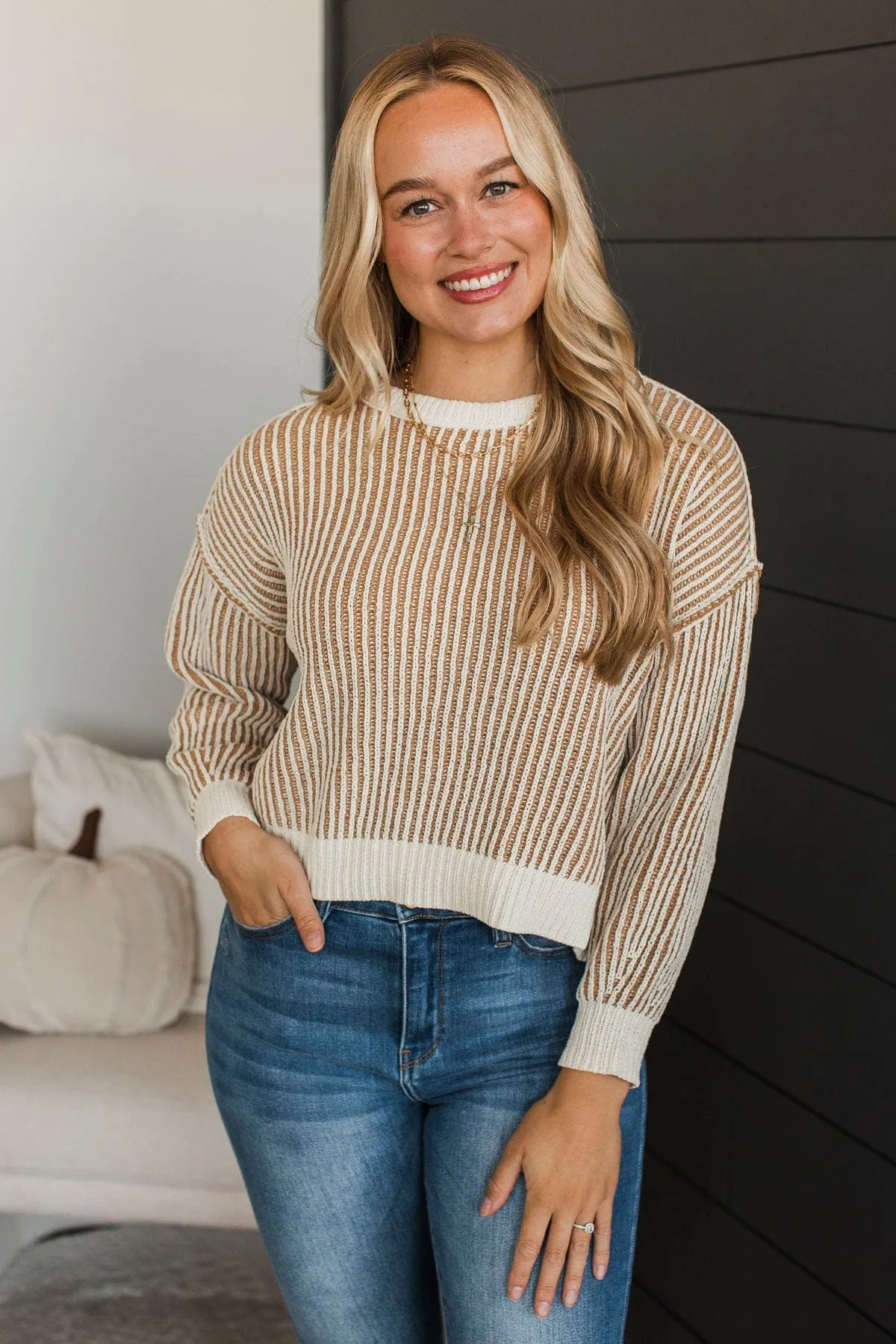 Best Contender Ribbed Knit Sweater- Ivory & Tan