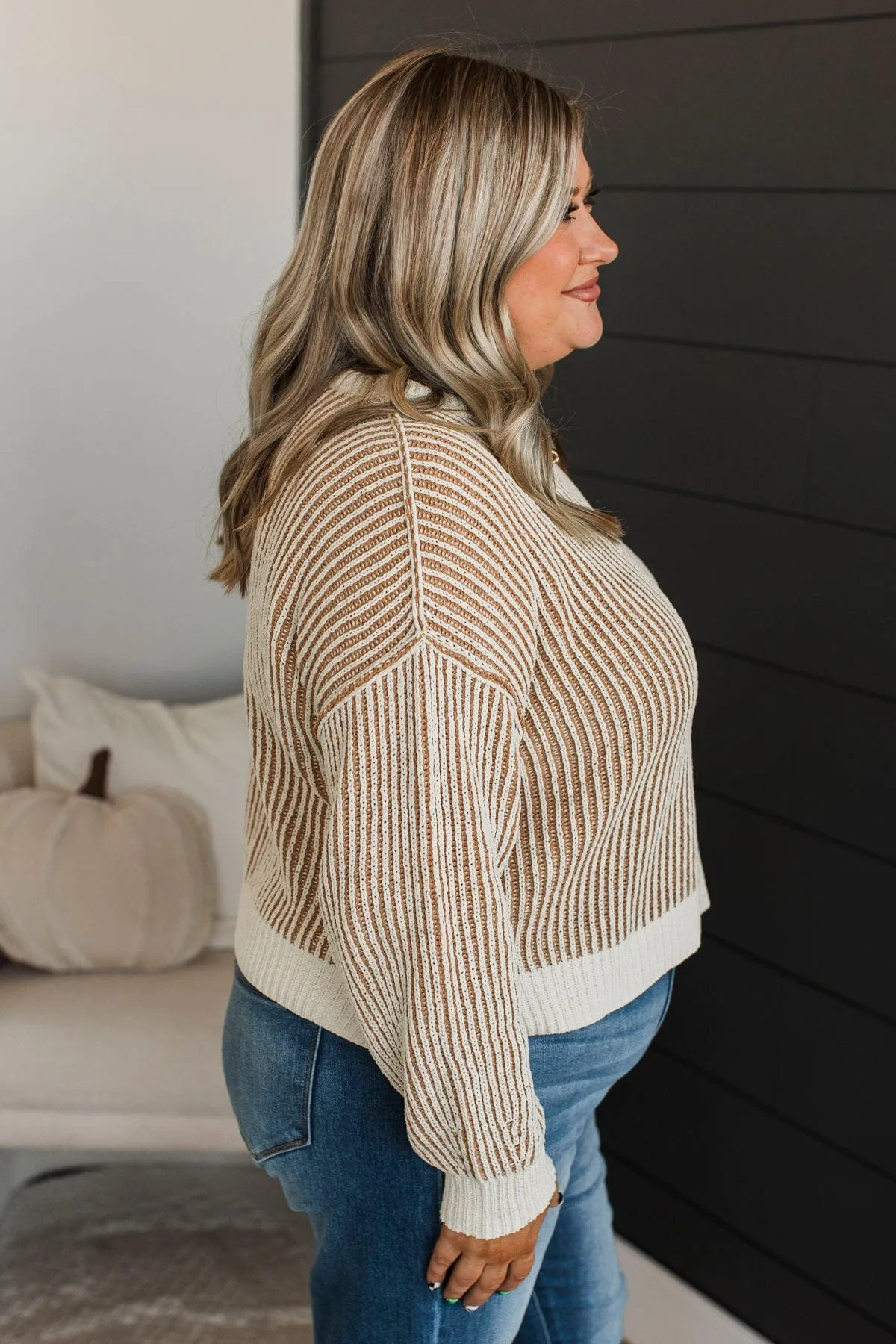 Best Contender Ribbed Knit Sweater- Ivory & Tan