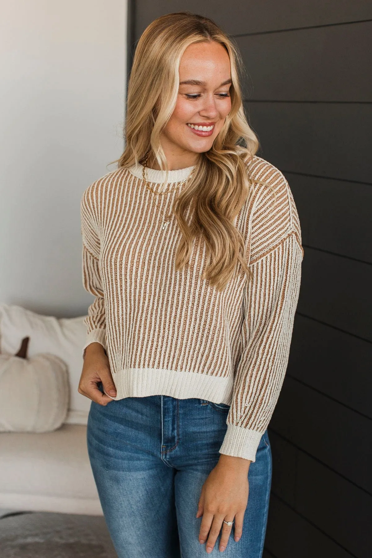 Best Contender Ribbed Knit Sweater- Ivory & Tan
