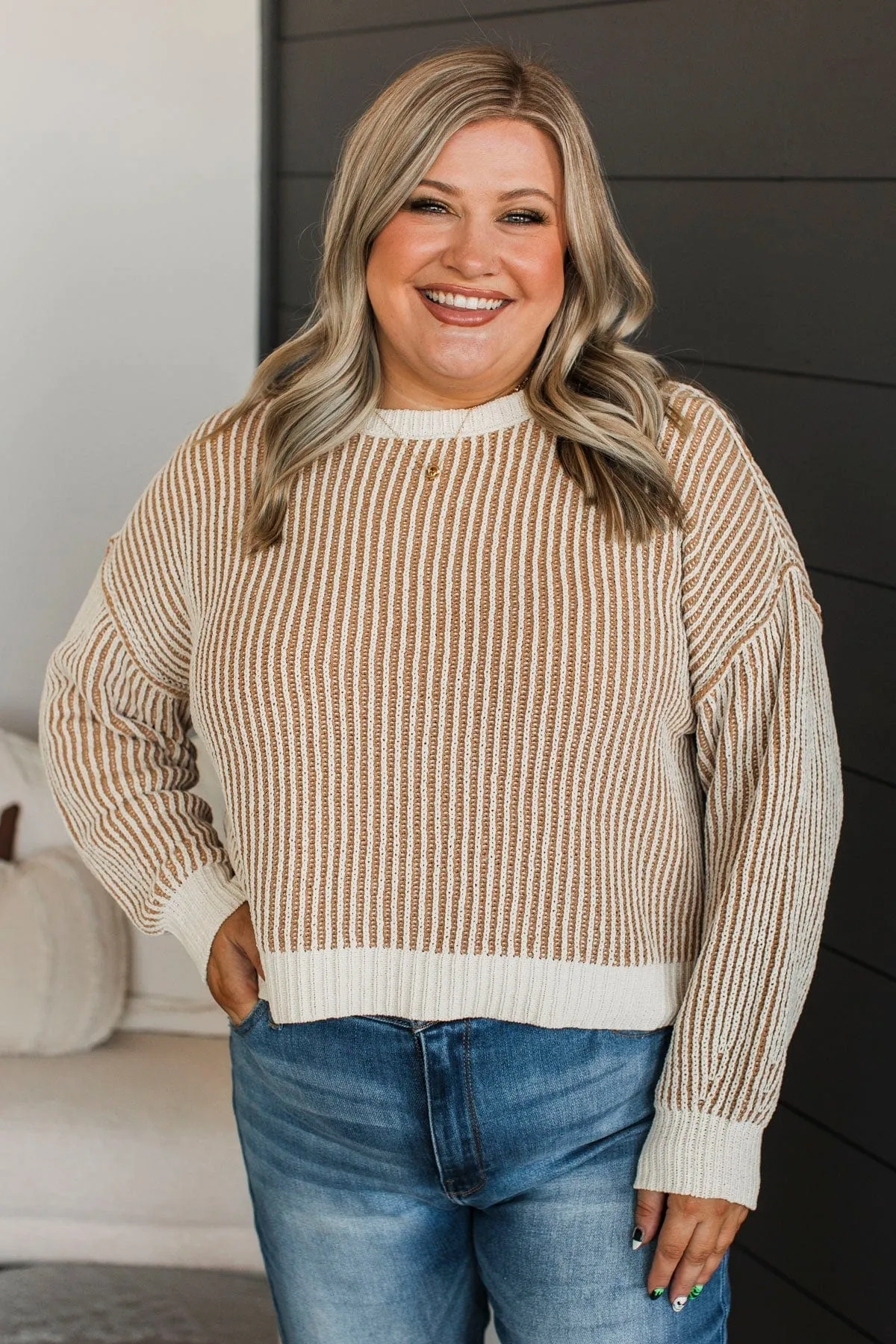Best Contender Ribbed Knit Sweater- Ivory & Tan