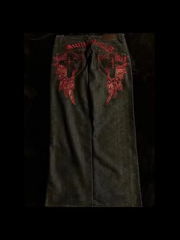 Black American Vintage Embroidered Boyfriend Jeans