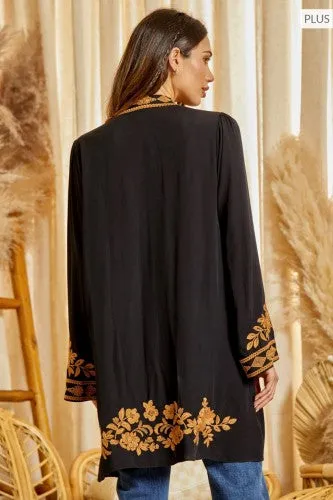 Black   Cognac Embroidered Kimono