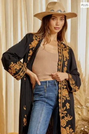 Black   Cognac Embroidered Kimono