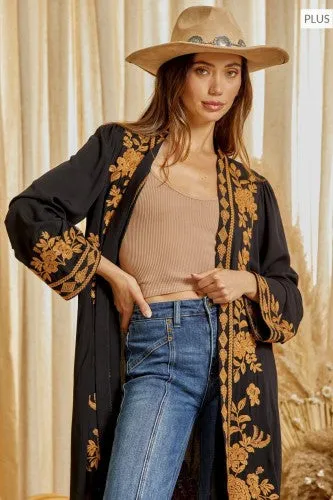 Black   Cognac Embroidered Kimono