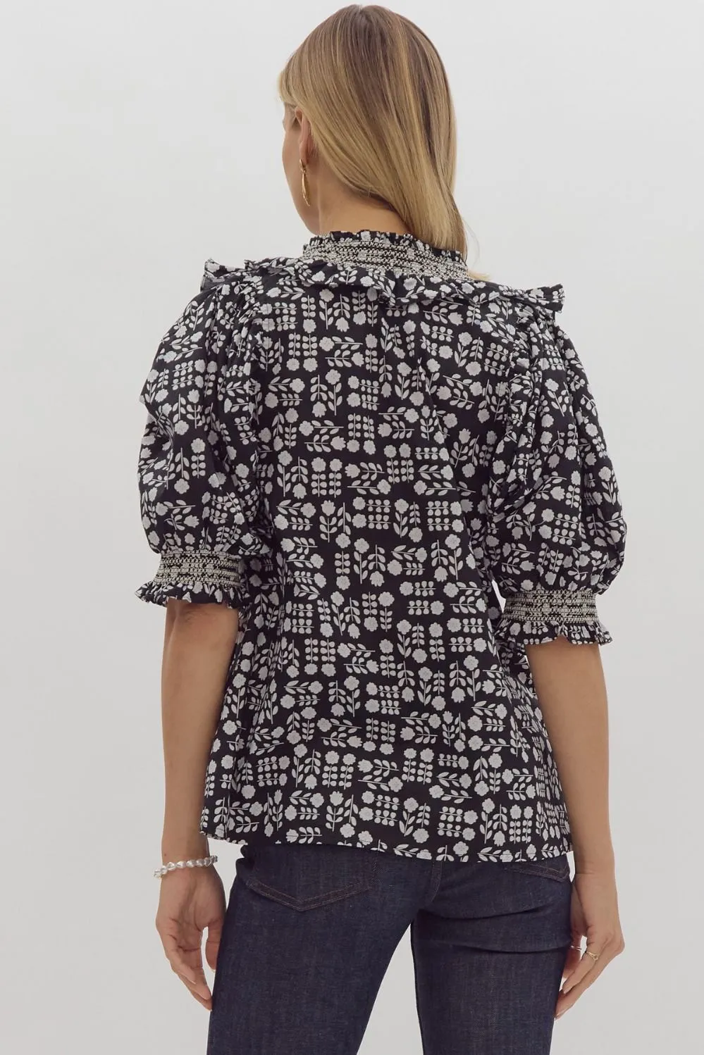 Black Double Ruffle Floral Blouse