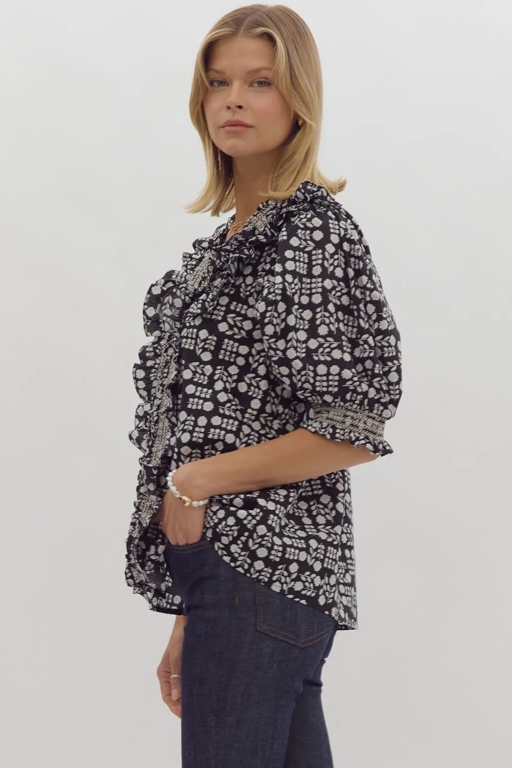 Black Double Ruffle Floral Blouse