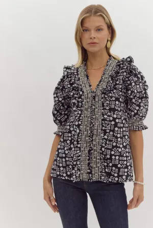 Black Double Ruffle Floral Blouse