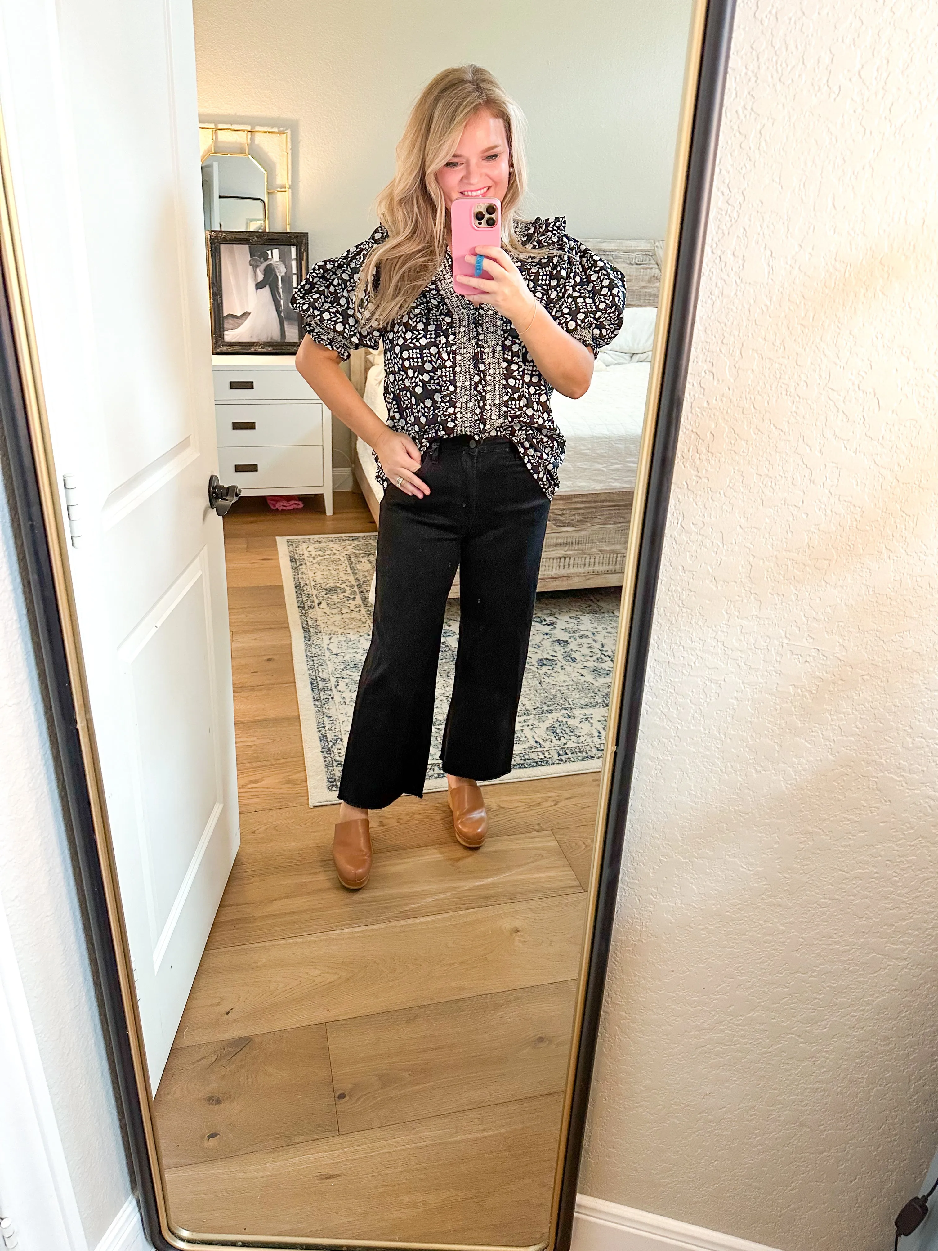 Black Double Ruffle Floral Blouse