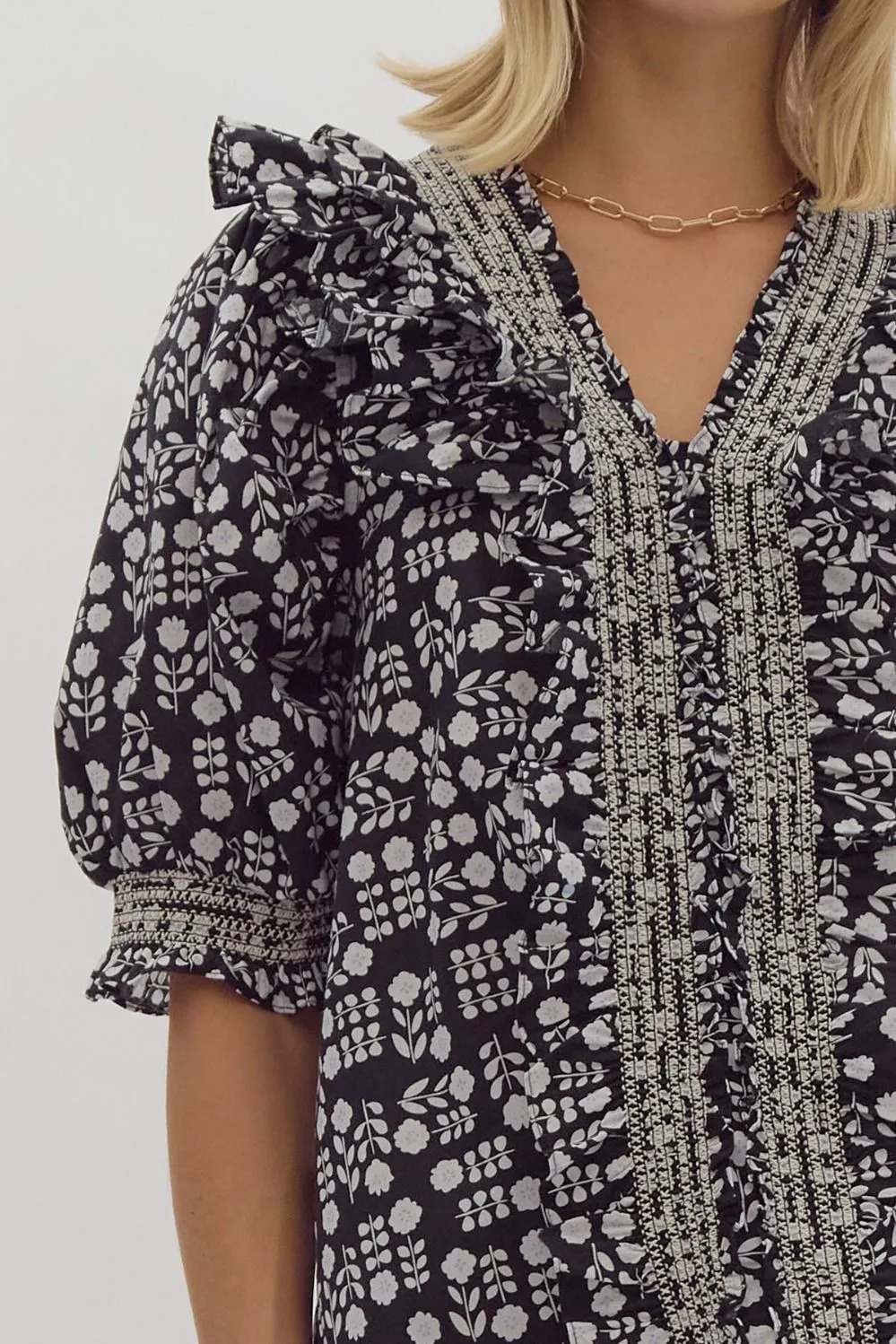 Black Double Ruffle Floral Blouse