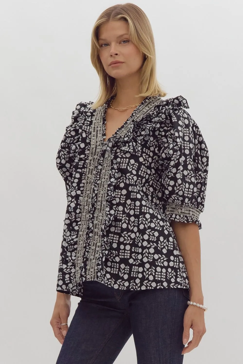 Black Double Ruffle Floral Blouse