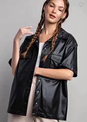 Black Faux Leather Button Down