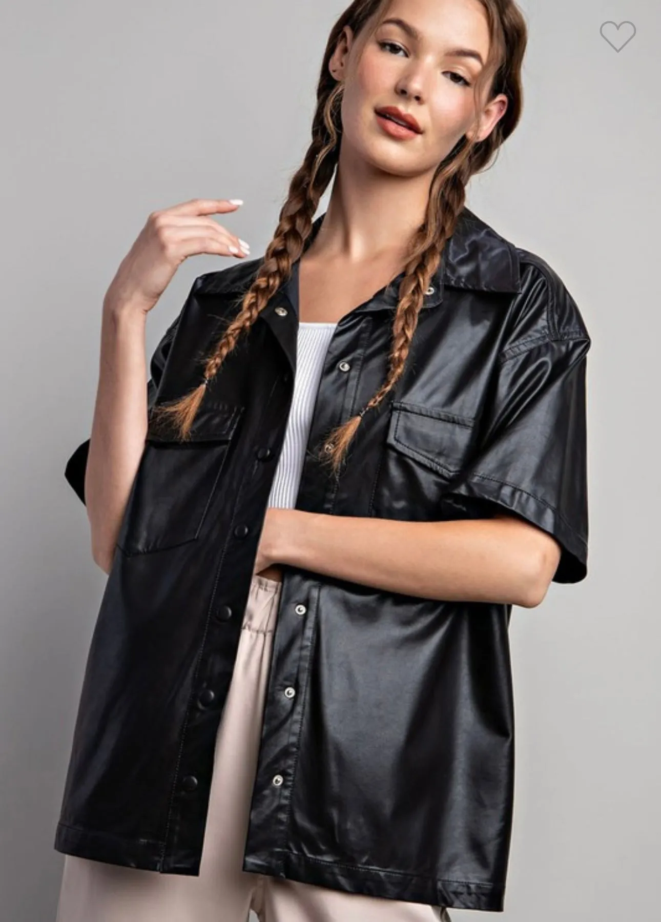Black Faux Leather Button Down