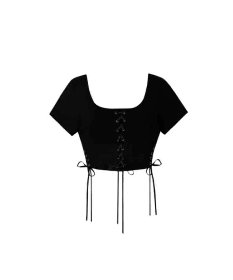 Black Girl Lace Up Cropped Tight Tops