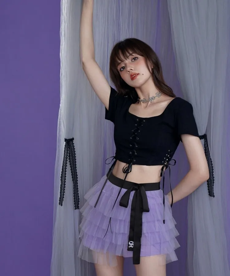 Black Girl Lace Up Cropped Tight Tops
