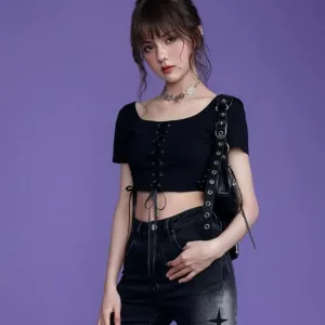 Black Girl Lace Up Cropped Tight Tops