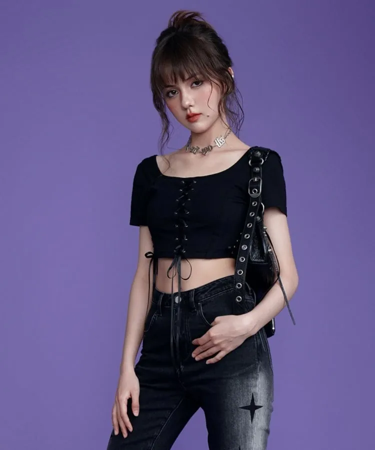 Black Girl Lace Up Cropped Tight Tops