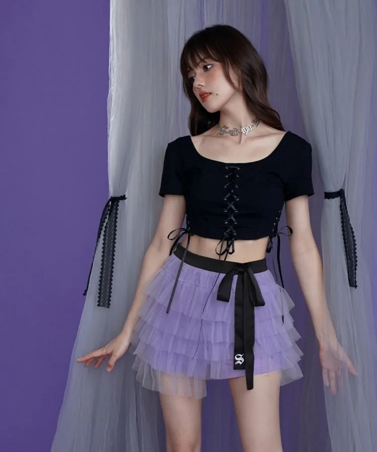 Black Girl Lace Up Cropped Tight Tops
