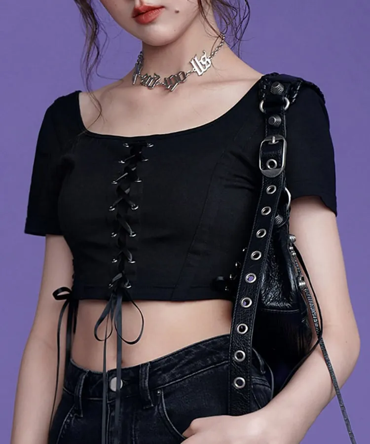Black Girl Lace Up Cropped Tight Tops