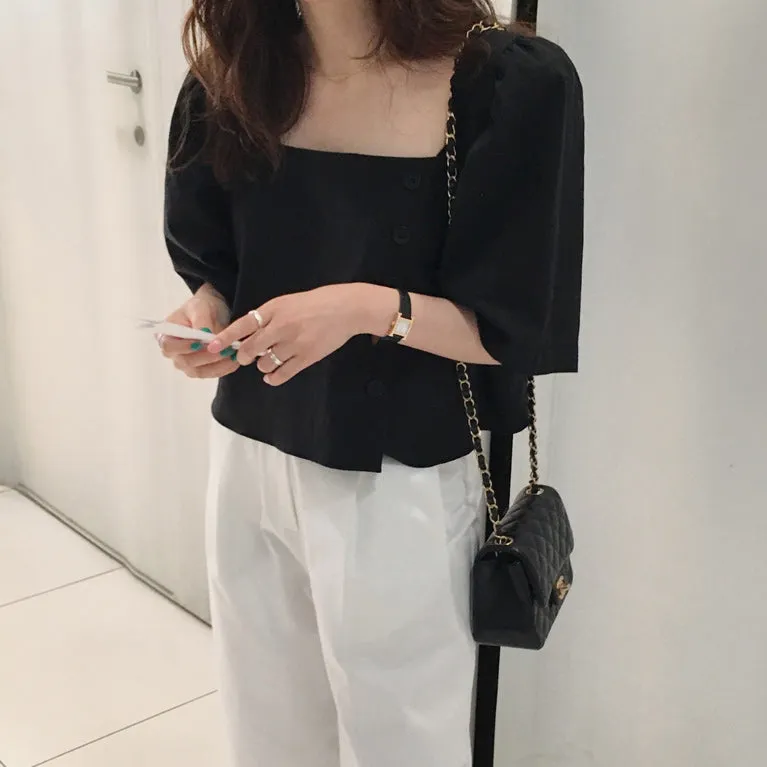 Black Sqaure Neck Side Button Down Top