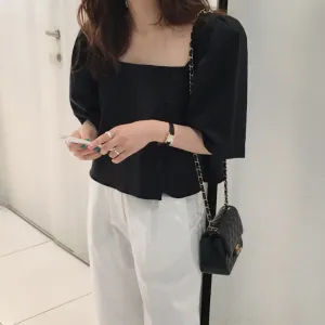 Black Sqaure Neck Side Button Down Top