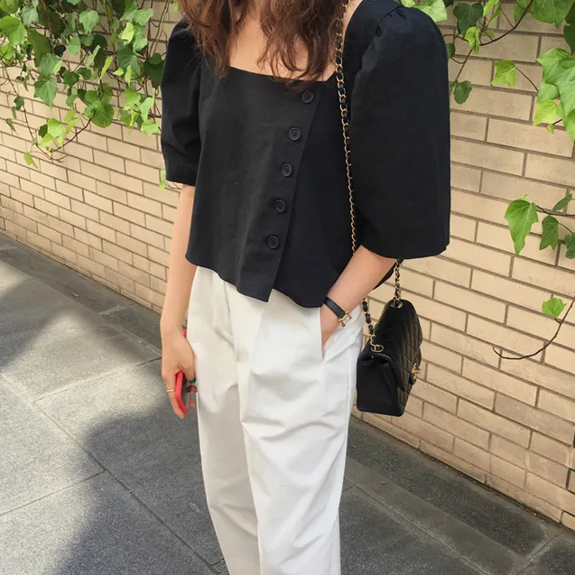 Black Sqaure Neck Side Button Down Top
