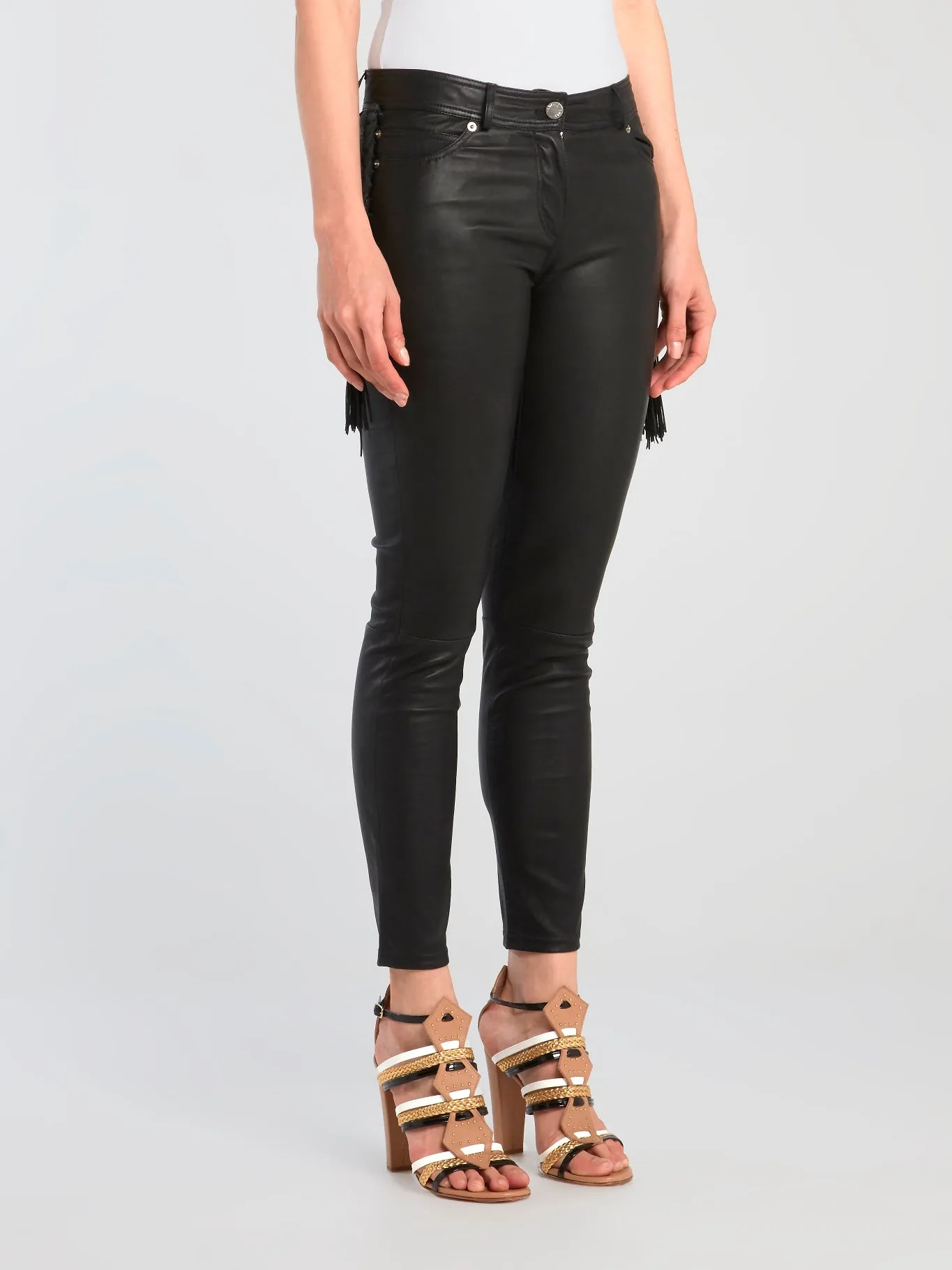 Black Tassel Detail Leather Pants
