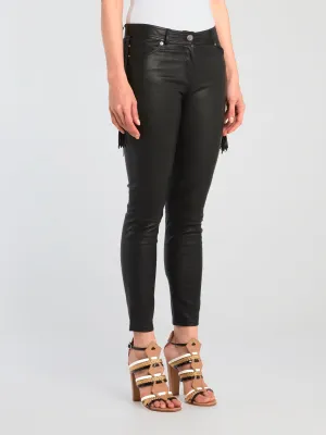 Black Tassel Detail Leather Pants