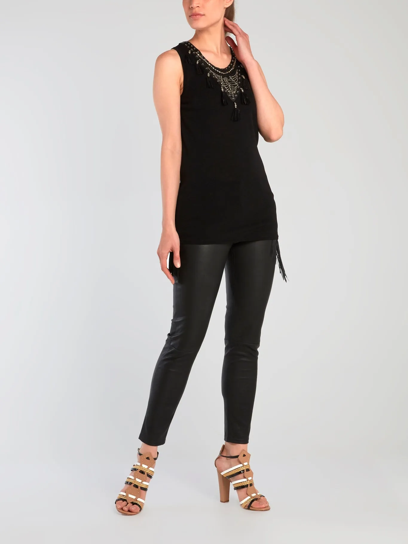 Black Tassel Detail Leather Pants