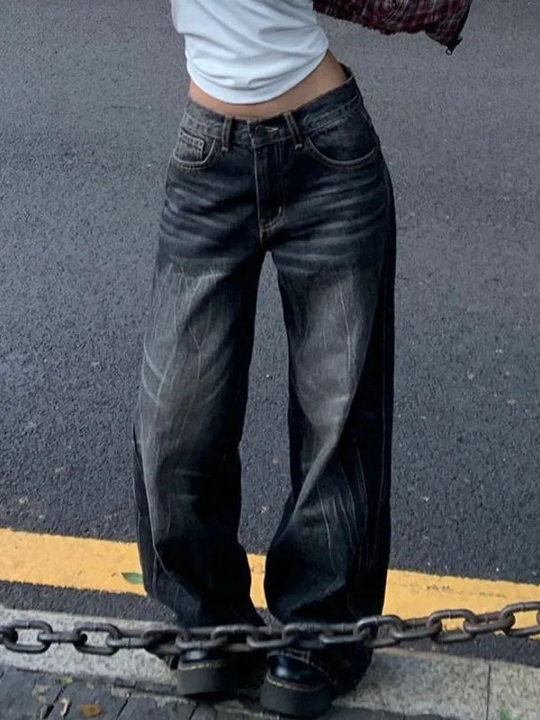 Black vintage high street boyfriend jeans with wide leg