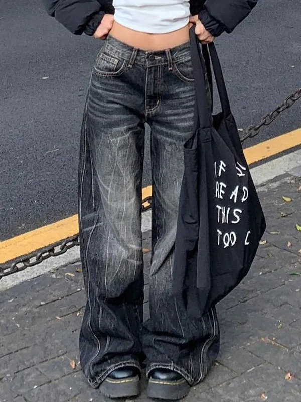 Black vintage high street boyfriend jeans with wide leg