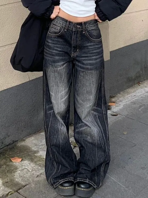 Black vintage high street boyfriend jeans with wide leg