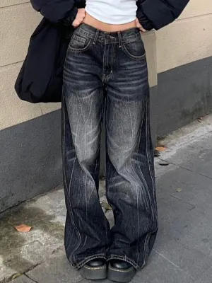 Black vintage high street boyfriend jeans with wide leg