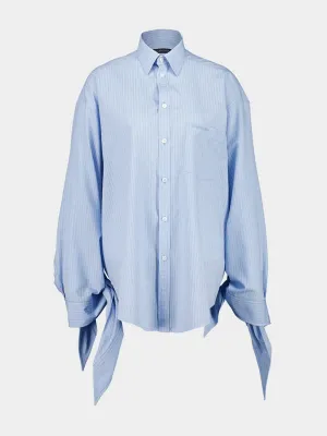 Blue and White Knotted Cuff Striped Blouse