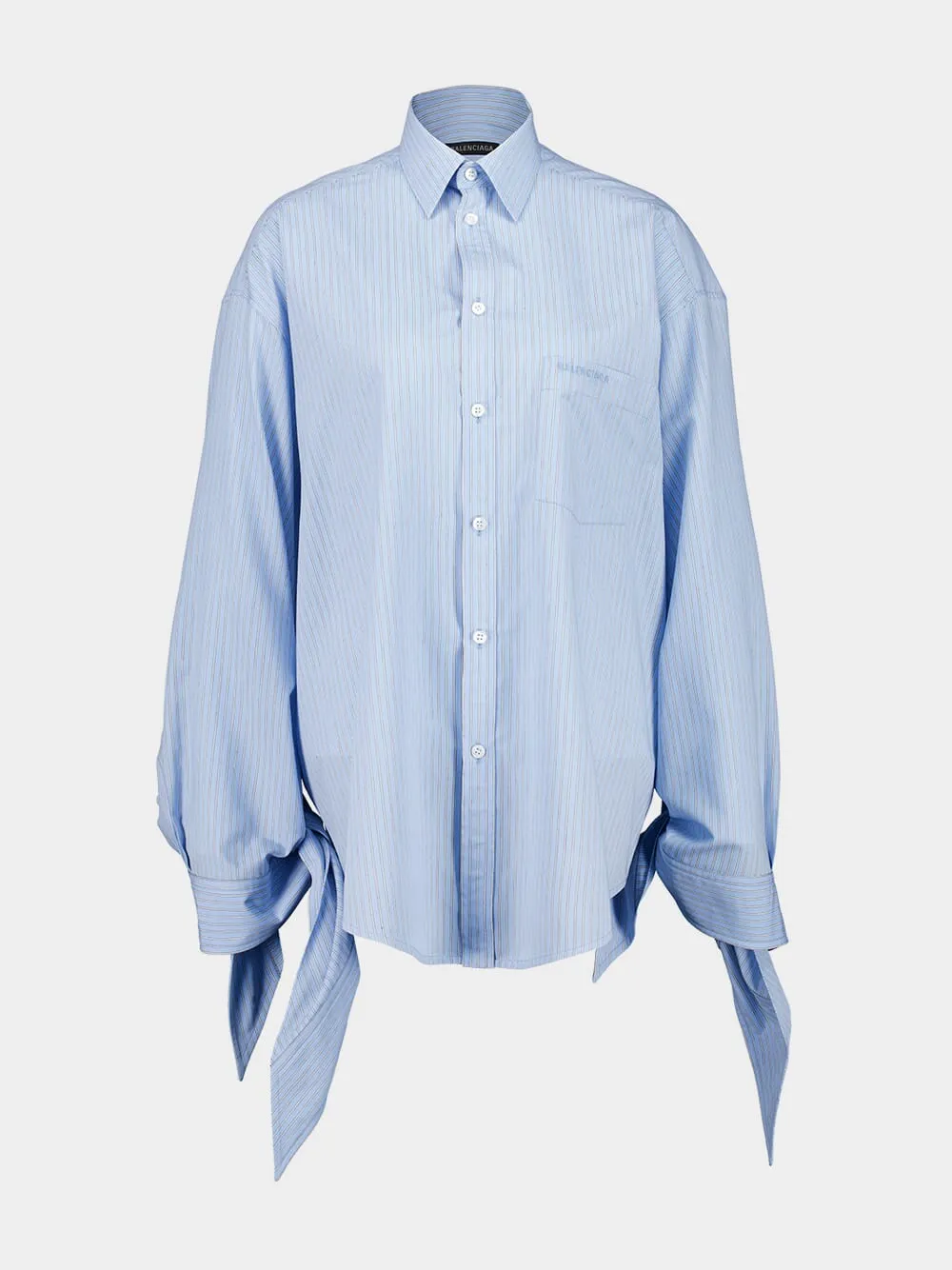 Blue and White Knotted Cuff Striped Blouse