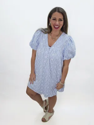 BLUE PINSTRIPE EMBROIDERED SHORT SLEEVE DRESS